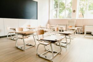 Empty modern classroom at school university college. School is closed.